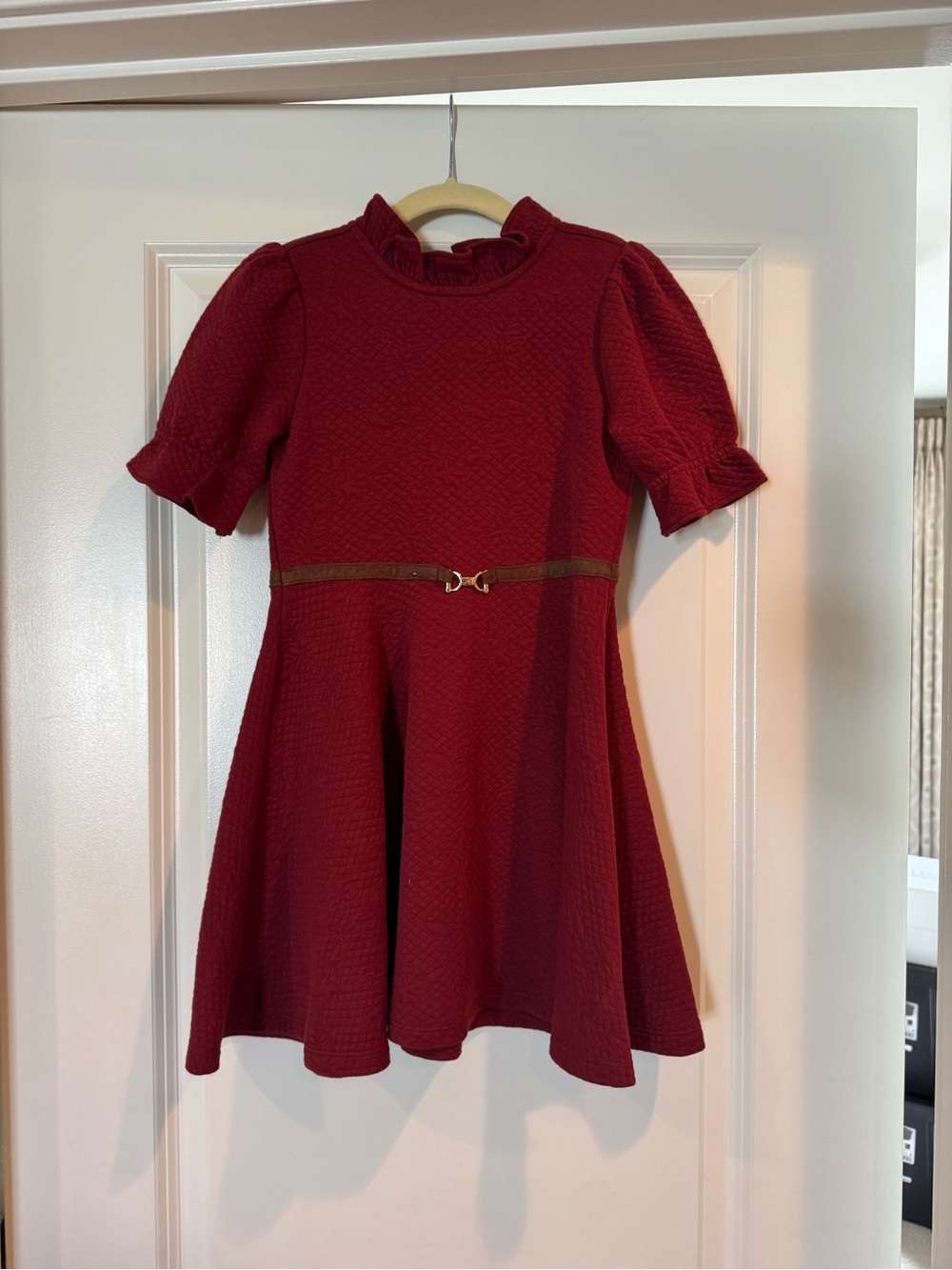 Janie and Jack Burgundy Textured Fit & Flare Dress with Decorative Waist Detail